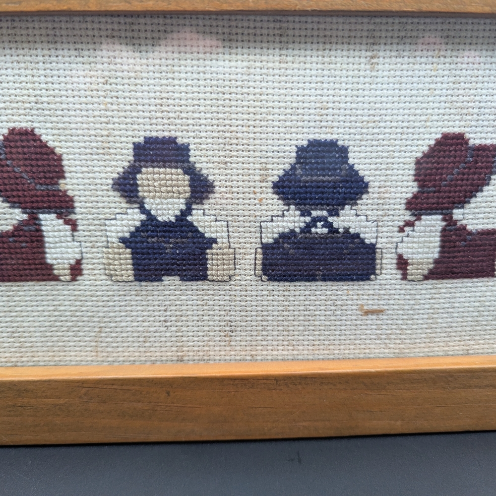 Handcrafted Cross-Stitch Art Amish Children Blue And Red